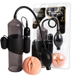 LUST PUMPER  8" IN SMOCKY BLACK WITH BLACK RUBBER BULB, FLESH TPR SLEEVE & VIBRATING BULLET