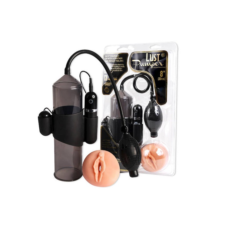 LUST PUMPER  8" IN SMOCKY BLACK WITH BLACK RUBBER BULB, FLESH TPR SLEEVE & VIBRATING BULLET