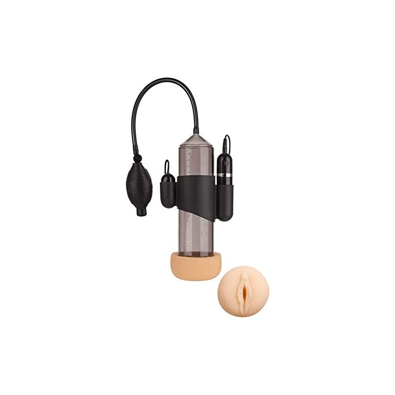 LUST PUMPER  8" IN SMOCKY BLACK WITH BLACK RUBBER BULB, FLESH TPR SLEEVE & VIBRATING BULLET