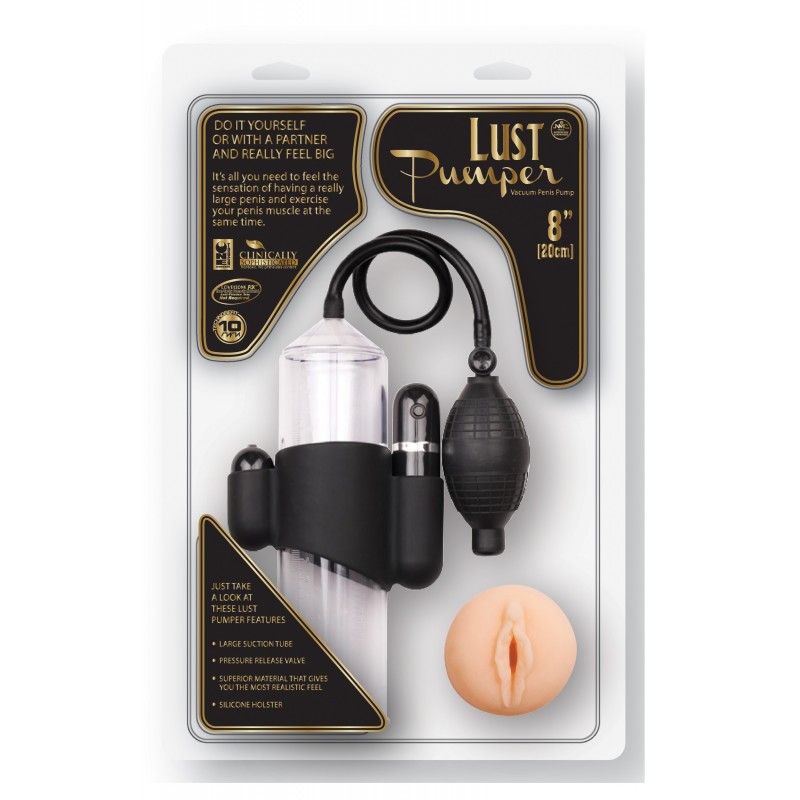 LUST PUMPER  8" IN SMOCKY BLACK WITH BLACK RUBBER BULB, FLESH TPR SLEEVE & VIBRATING BULLET